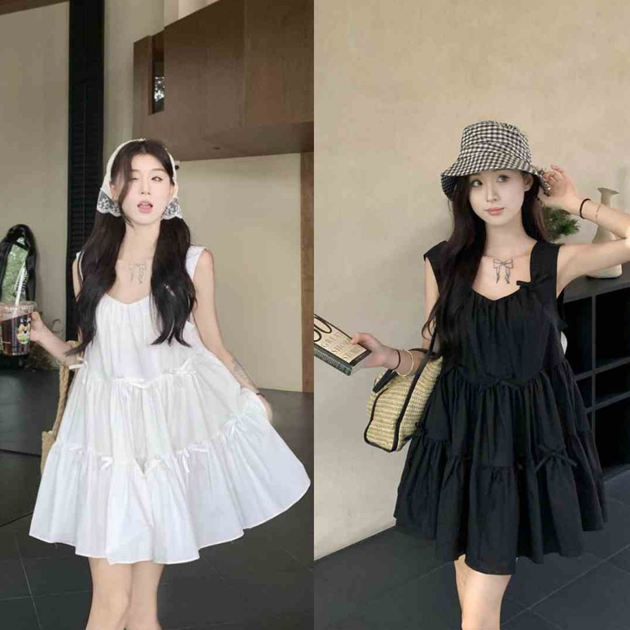 Luna shop 🍒 สไตล์เกิร์ลสดใส🎠เดรสหลวมๆ🎀🎀โบว์ สายสะพายกว้าง กระโปรงสั้น