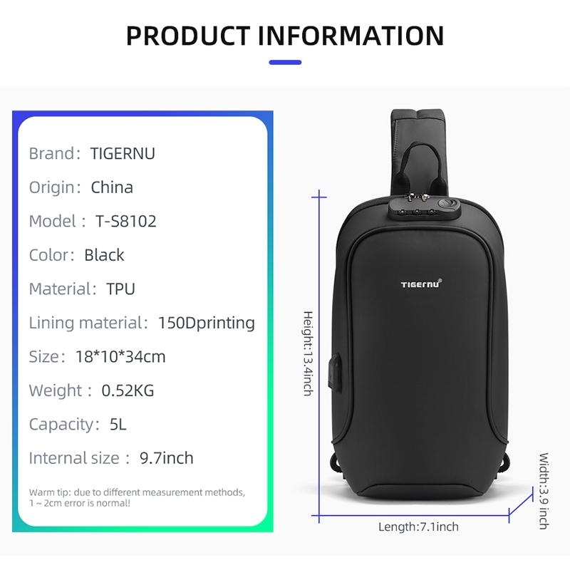 Tigernu 8102 Normal กระเป๋าคาดอก กันขโมย กันน้ำ พร้อมพอร์ต USB (9.7 นิ้ว)