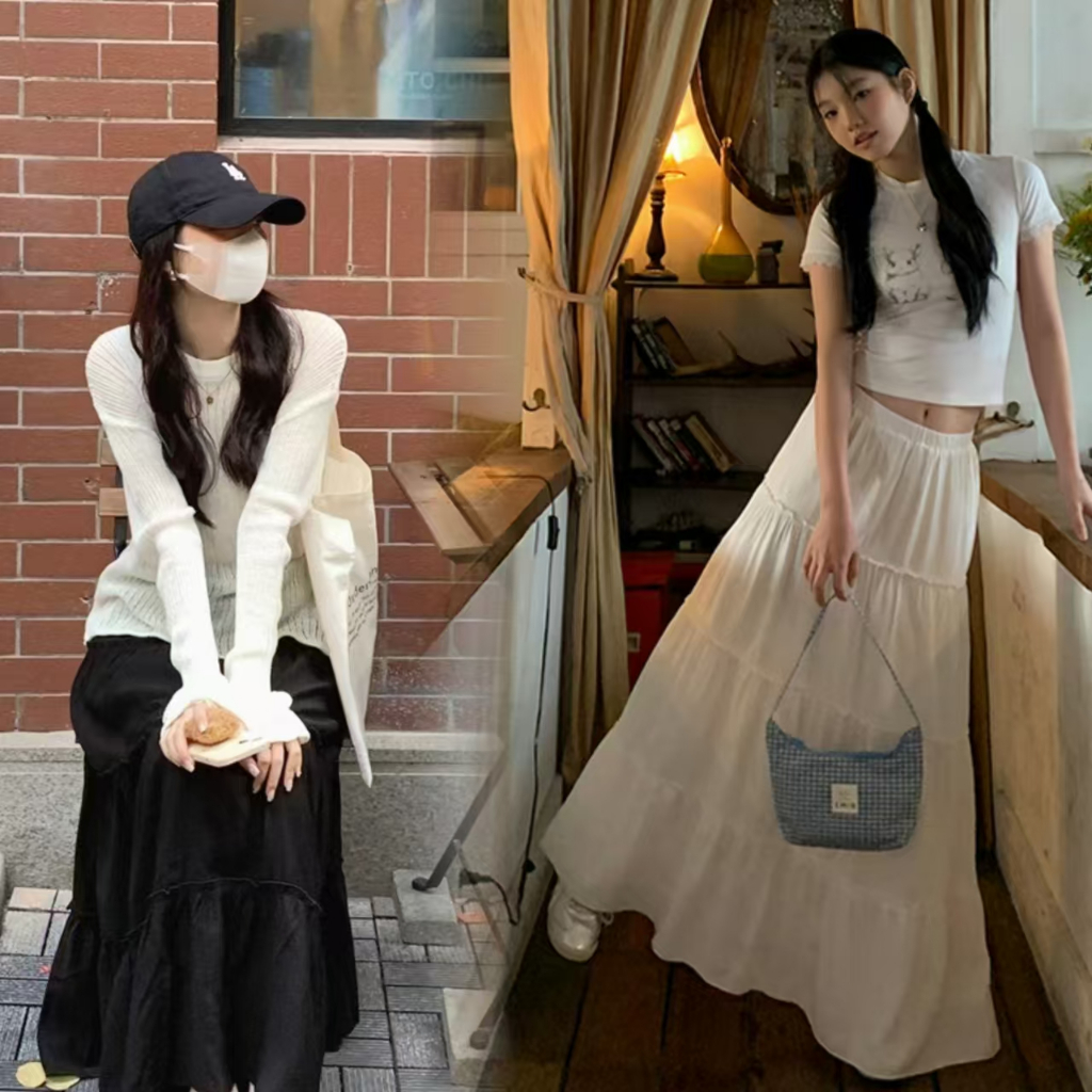 Luna shop กระโปรงแฟชั่นระดับไฮเอนด์สไตล์เกาหลี กระโปรงยาวปานกลางแบบอ่อนโยนและอเนกประสงค์