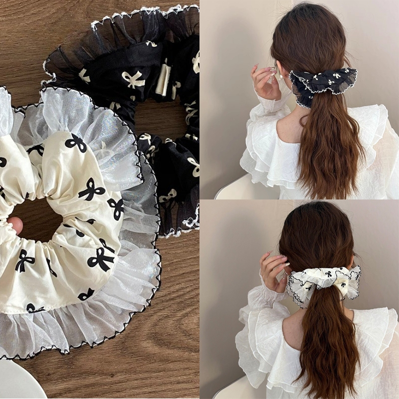 เกาหลีขนาดใหญ่สีดําสีขาวลูกไม้ Bowknot ผมผูกยางรัดหัวเชือก Scrunchies