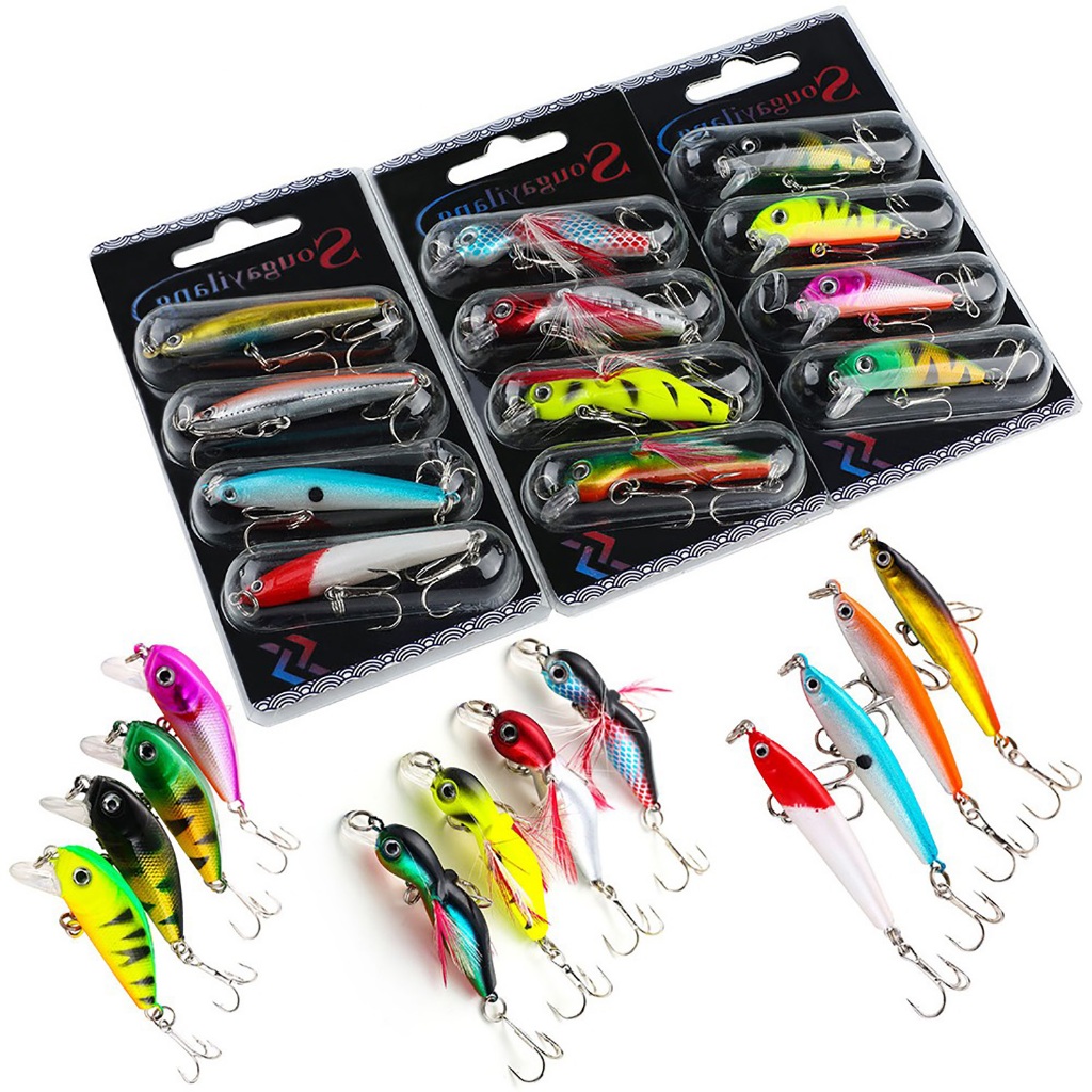 Sougayilang 3D ตกปลาตาตกปลา Lure เหมือนจริง Minnow เหยื่อ 4 ชิ้นเหยื่อตกปลา Treble Hook Bass Fishing Lure ปลาคาร์พตะขอคู่ตกปลา
