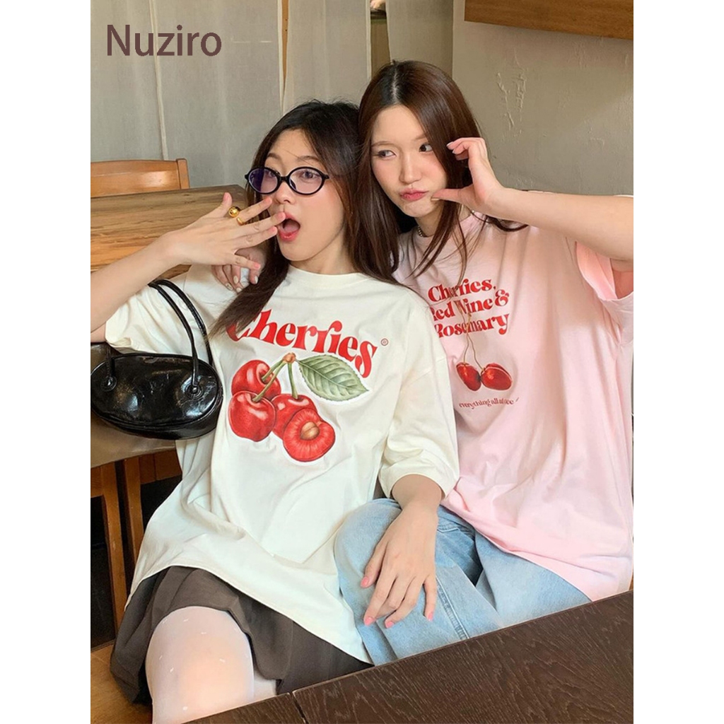 Nuziro เสื้อยืด oversize - แฟชั่นหวานเชอร์รี่ตัวอักษรพิมพ์เสื้อยืดสำหรับสุภาพสตรี #I003210