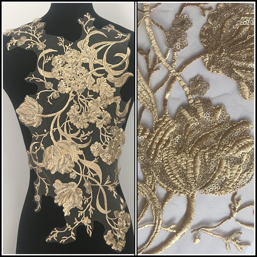 1 PC ดอกไม้สีทองเย็บปักถักร้อย Patch ผ้าตาข่ายแอฟริกันลูกไม้ Applique เย็บชุดแต่งงานเสื้อผ้าตกแต่ง Diy