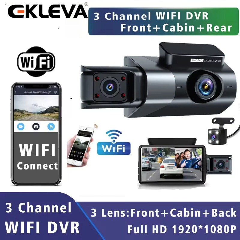 Ekleva WiFi รถ Dash Dashcam HD 1080P Cam กล่องสีดํา 3 ช่อง Dvr พร้อม WiFi ที่จอดรถวิดีโอย้อนกลับภาพรถกล้องบันทึกวิดีโอ