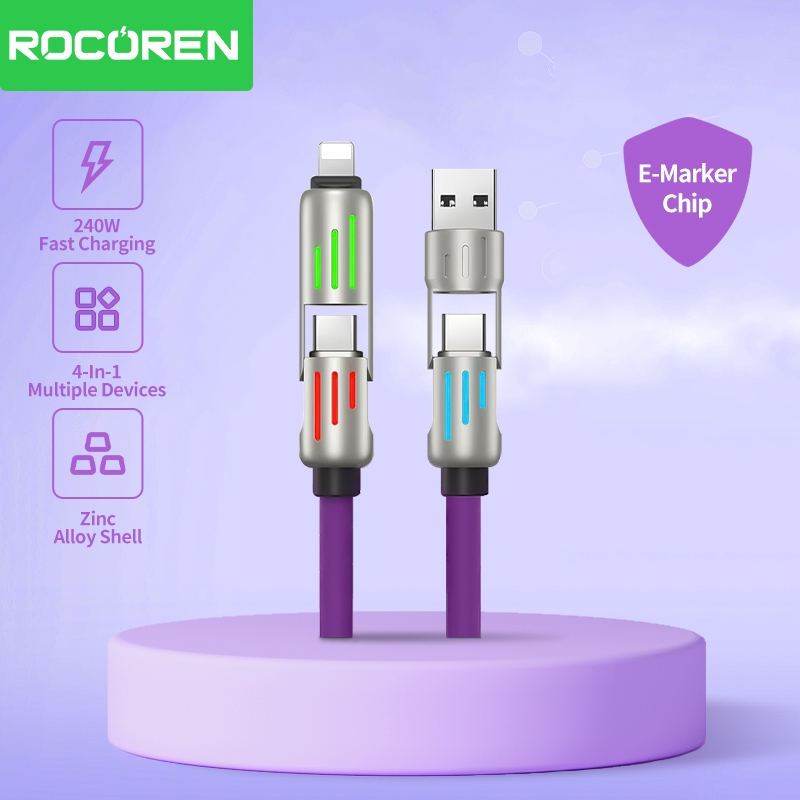 Rocoren 240W 4-In-1 Fast Charging Breathing Light ซิลิโคนเหลว Multi-Functional อลูมิเนียมอัลลอยด์ข้อมูลสายเหมาะสําหรับโทรศัพท์แล็ปท็อป