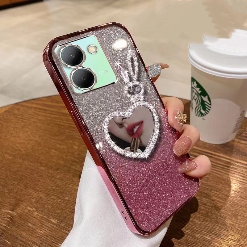 เคส VIVO V40 Pro Y28S Y18 Y100 Y03T V30Pro Y17S Y27 Y36 5G Y35 Y22S Y02A V25E Y02S Y16 Y15S Y01A T1X Y33S Y21 Y17 Y12 Y15 Y11 Y12S Y12A Y20 เคสโทรศัพท์มือถือ พร้อมกระจก และสายคล้อง สําหรับ