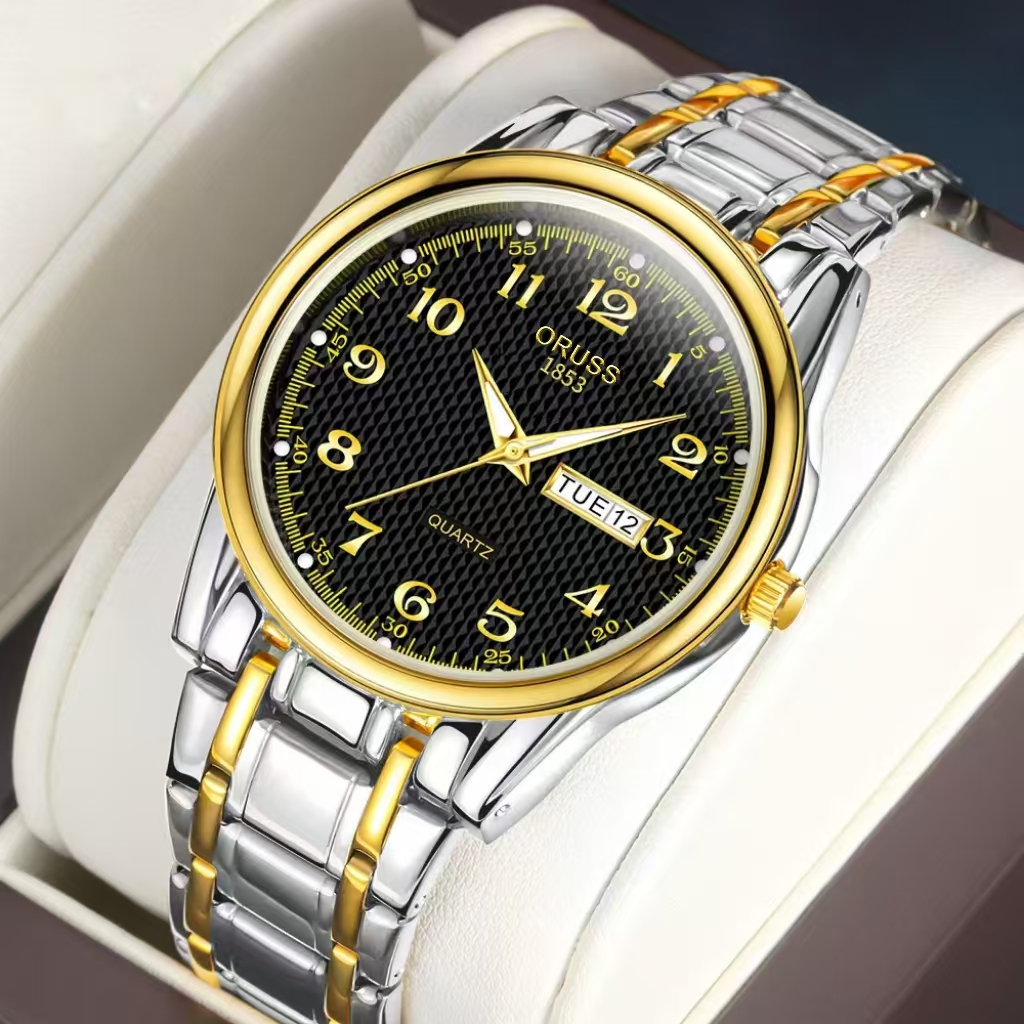 ORUSS รัส เดิมสแตนเลสปฏิทินคู่กันน้ําหรูหราผู้ชายแฟชั่นเงิน/ทองนาฬิกาเวอร์ชั่นเกาหลีนาฬิกาควอตซ์