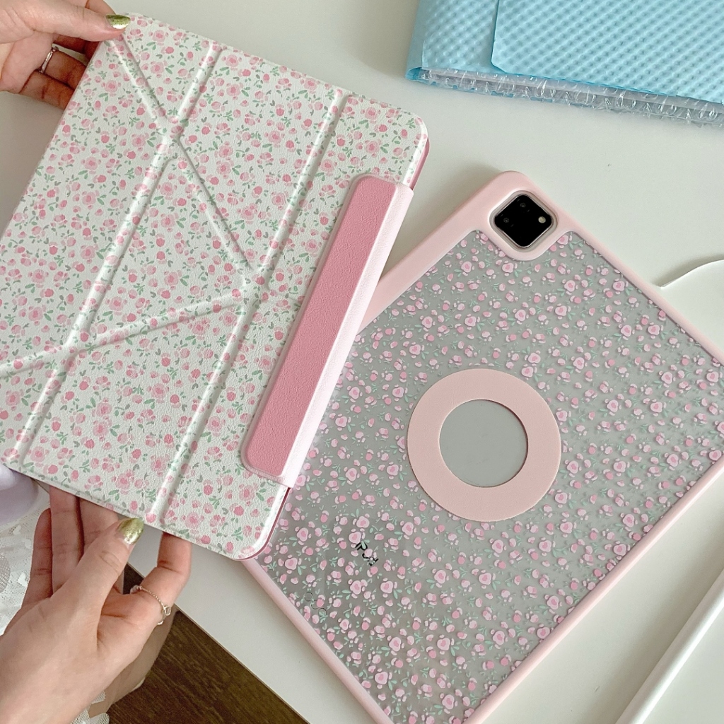 Simple Full Screenดอกทิวลิปสีชมพูพร้อมที่ใส่ดินสอสําหรับiPad 10.2 Air 5 4th Generation 10.9 2022 10th iPad 9.7 5 6th 2021 2024 Pro11 กรณี