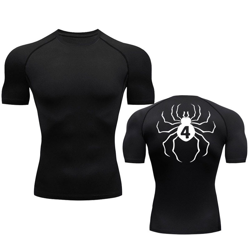 Gym T-Shirt Mens Compression Sport Top Short Sleeve Shirt สีดํา