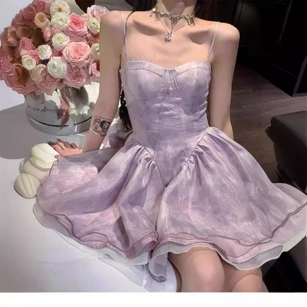 ฝรั่งเศสขนาดเล็กแคบ-เอวชุดสลิงนางฟ้าสลิงฤดูร้อนสีฟ้ามัดย้อ รูปที่ 2