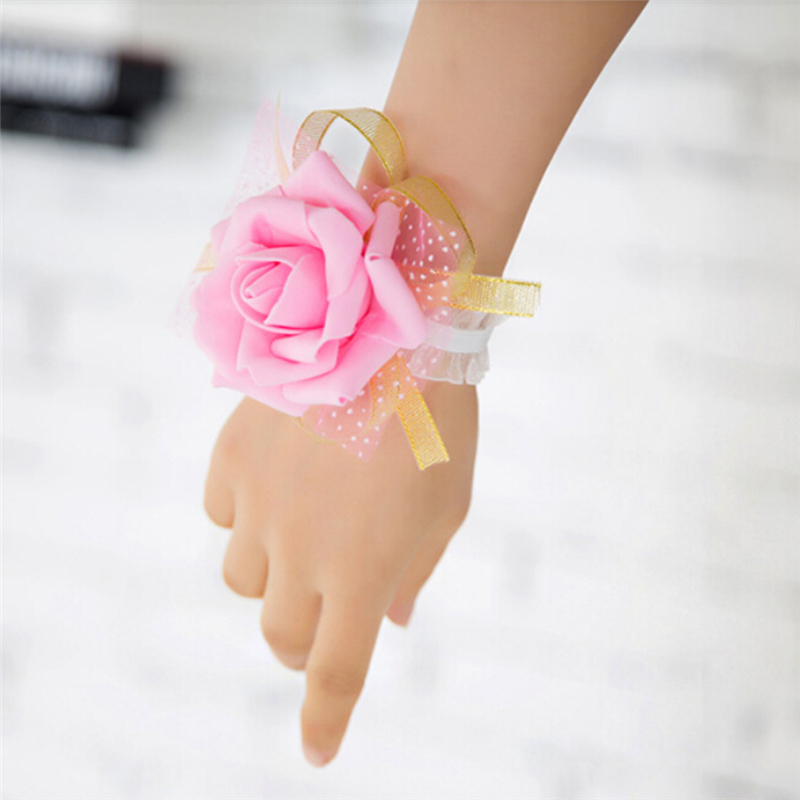 Adorelovepink ใหม่เพื่อนเจ้าสาวข้อมือ Corsage งานแต่งงาน Rose สร้อยข้อมือดอกไม้ผ้าไหมริบบิ้น th
