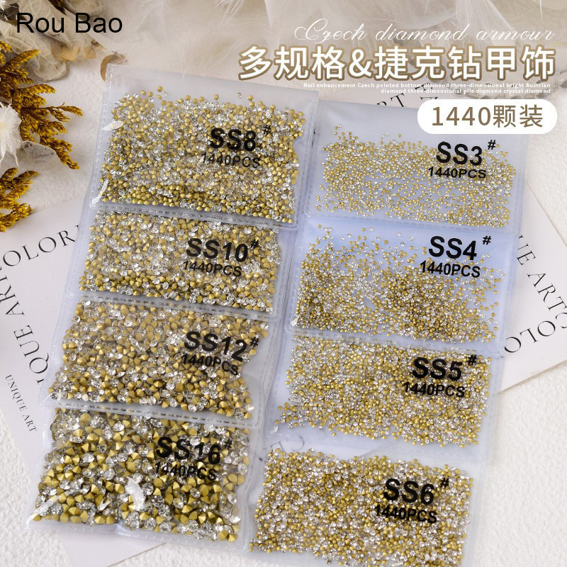 Rou Bao 1440pcs เล็บชี้ Rhinestones Clear AB ทองด้านล่างขนาดเล็ก Super Flash เล็บ 3D ตกแต่ง