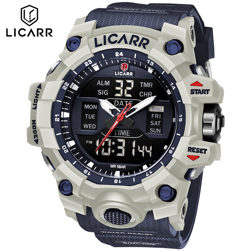 Licarr ใหม่แบรนด์ชั้นนํานาฬิกาผู้ชายจอแสดงผลคู่แนวโน้มกีฬาวันที่กันน้ําส่องสว่างโครโนกราฟ 9536