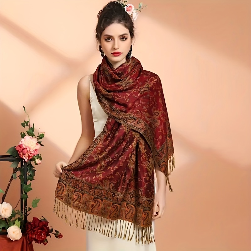 ลาเวน วินเทจเม็ดมะม่วงหิมพานต์ชาติพันธุ์ผ้าคลุมไหล่มุสลิมผ้าคลุมศีรษะ ผ้าแจ็คการ์ด พู่ผ้าคลุมไหล่ผู้หญิงสบายผ้าพันคอหนา