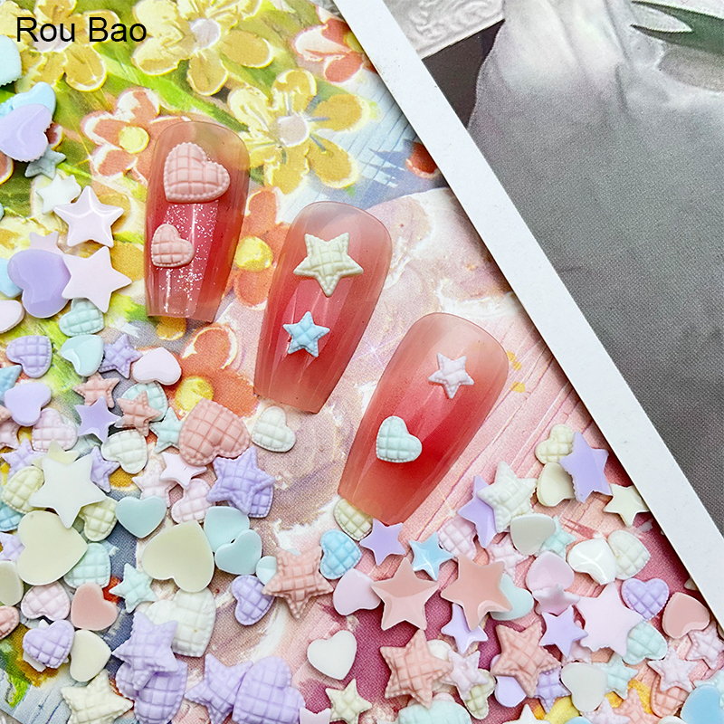 Rou Bao 100 ชิ้นเล็บตารางรูปแบบ Star Heart Macaron สีสัน Girly เรซิ่นเล็บ Art DIY Charms ตกแต่ง