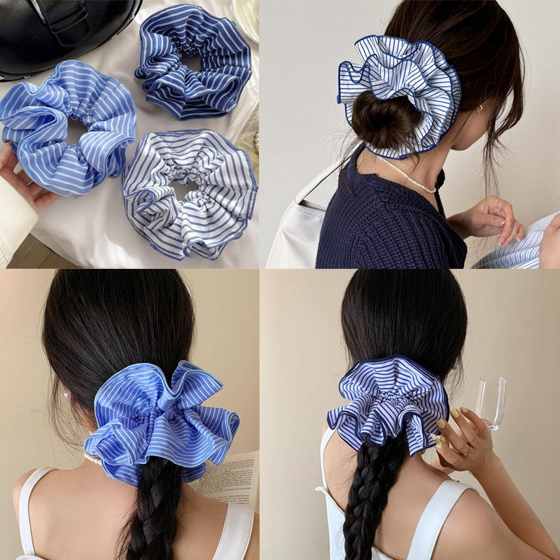 สีขาวสีฟ้าลายเจ้าหญิงเชือกผมผมหางม้า Scrunchies ยางรัดผม