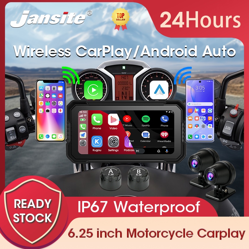 Jansite 6 นิ้วรถจักรยานยนต์ Navigator ไร้สาย Apple CarPlay Dual Bluetooth DVR แบบพกพา GPS ด้านหน้าและด้านหลัง 2K HD พิกเซลนําทาง Android AutoIPX7 กันน้ํา