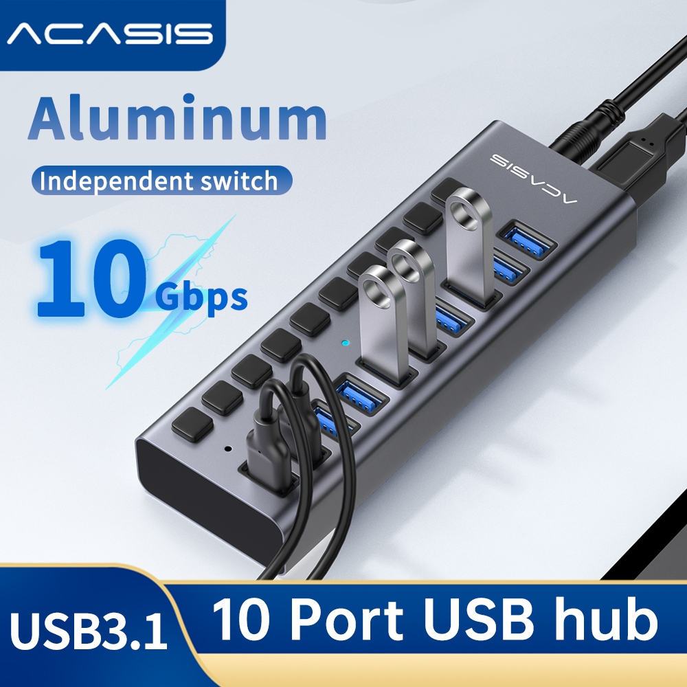 Acasis 10 พอร์ตขับเคลื่อน USB Hub USB3.1 Data Hub พร้อมสวิตช์เปิด/ปิดส่วนบุคคลและอะแดปเตอร์ไฟ 12V4A 10Gpbs USB Hub3.1 Splitter สําหรับแล็ปท็อป, PC, คอมพิวเตอร์, HDD มือถือ, แฟลชไดรฟ์