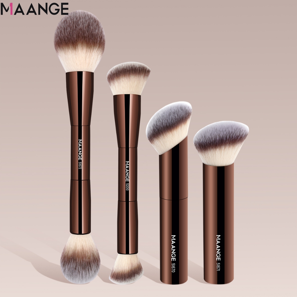 MAANGE ชุดแปรงแต่งหน้าขนนุ่มคุณภาพสูง แปรง 2 หัว 2-in-1 พกพาสะดวก ด้ามอลูมิเนียม 4 ชิ้น