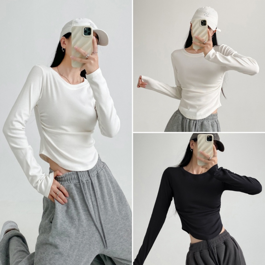 Betty house🌸พร้อมส่ง เสื้อยืดแขนยาวผู้หญิง เสื้อยืดเข้ารูป สีพื้น ย้อนยุค ดีไซน์จีบด้านข้าง สไตล์อเมริกัน