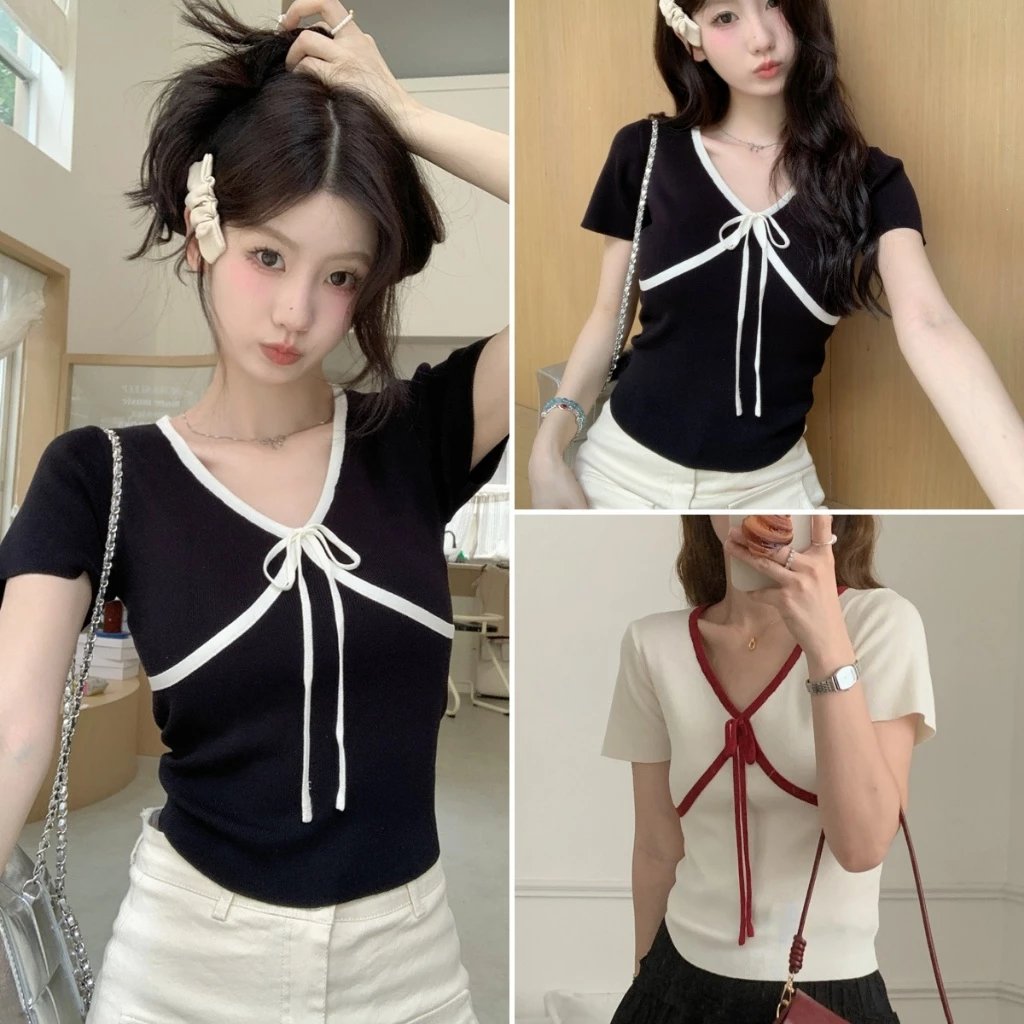 Betty house🌸พร้อมส่ง เสื้อยืดผู้หญิง เสื้อยืดสวยๆคอวี แขนสั้นลำลอง สีพื้น🎀แต่งโบว์ การประกบ(ขาว/ดํา)