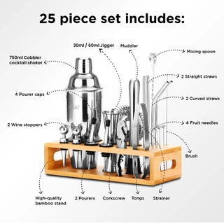 TEAVAS ชุดบาร์เทนเดอร์มืออาชีพ 25 ชิ้น พร้อมจิ๊กเกอร์ญี่ปุ่นและขาตั้งไม้ไผ่ชุดเชคเกอร์และสแตนเลส ผสมกับส่วนผสม เครื่องบดอุปกรณ์บาร์ - สถาบันชุดบาร์เทนเดอร์ผสมเครื่องดื่ม TEAVAS mixology bartender kit, cocktail shaker set, alcohol mixing set