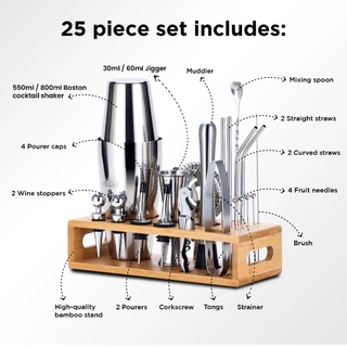 TEAVAS ชุดบาร์เทนเดอร์มืออาชีพ 25 ชิ้น พร้อมจิ๊กเกอร์ญี่ปุ่นและขาตั้งไม้ไผ่ชุดเชคเกอร์และสแตนเลส ผสมกับส่วนผสม เครื่องบดอุปกรณ์บาร์ - สถาบันชุดบาร์เทนเดอร์ผสมเครื่องดื่ม TEAVAS mixology bartender kit, cocktail shaker set, alcohol mixing set