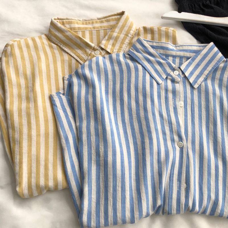 ผ้าฝ้ายสไตล์เกาหลีผู้หญิงสุภาพสตรีลายหลวมขนาดใหญ่ถุงเสื้อแขนยาวเสื้อ