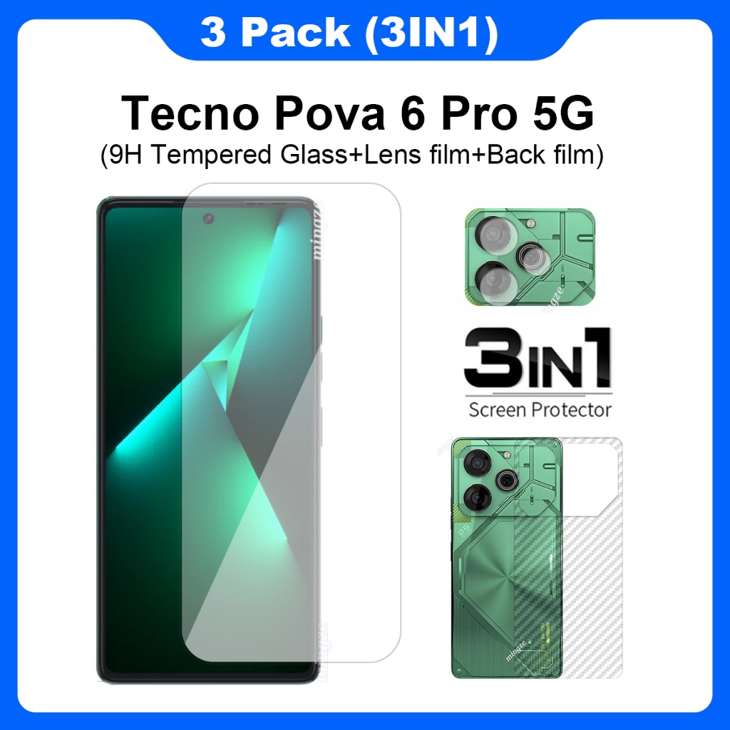 3-in-1 สําหรับ Tecno Pova 6 Pro 5G Neo ป้องกันหน้าจอกระจกนิรภัยป้องกันฟิล์ม + ฟิล์มด้านหลัง + ฟิล์มเลนส์