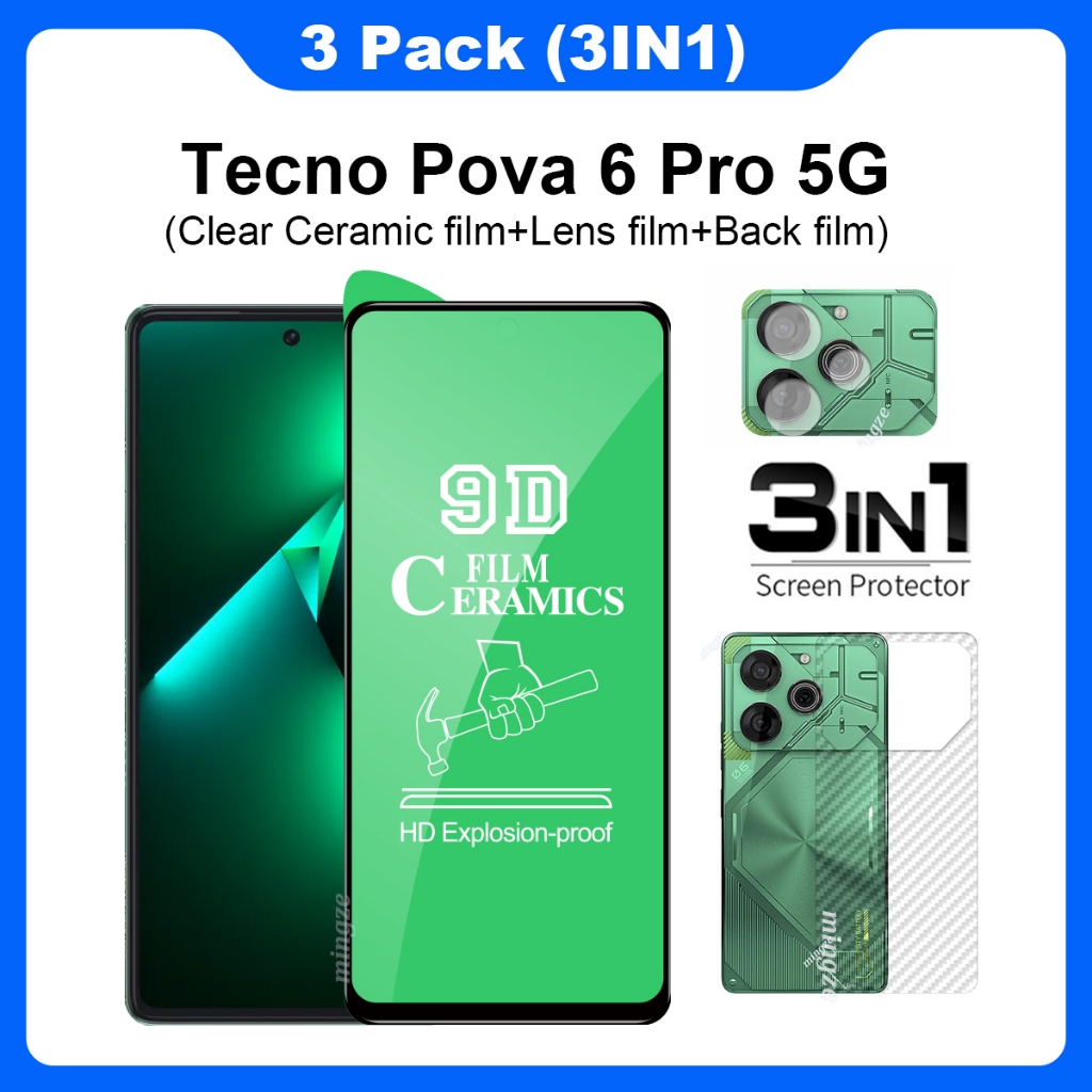 (3 In 1) สําหรับ Tecno Pova 6 Pro 5G เซรามิคกระจกนิรภัยป้องกันหน้าจอ + ฟิล์มกล้อง + ฟิล์มด้านหลังสํา
