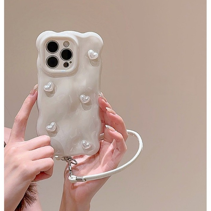 Pearl Love Heart คลื่นสีขาว Wrsit สายคล้องเคสโทรศัพท์สําหรับ iPhone 17Promax 12 13 14 15 16 ProMax 11 ซิลิโคนอ่อนนุ่มกันกระแทกผู้หญิงฝาครอบมือถือ