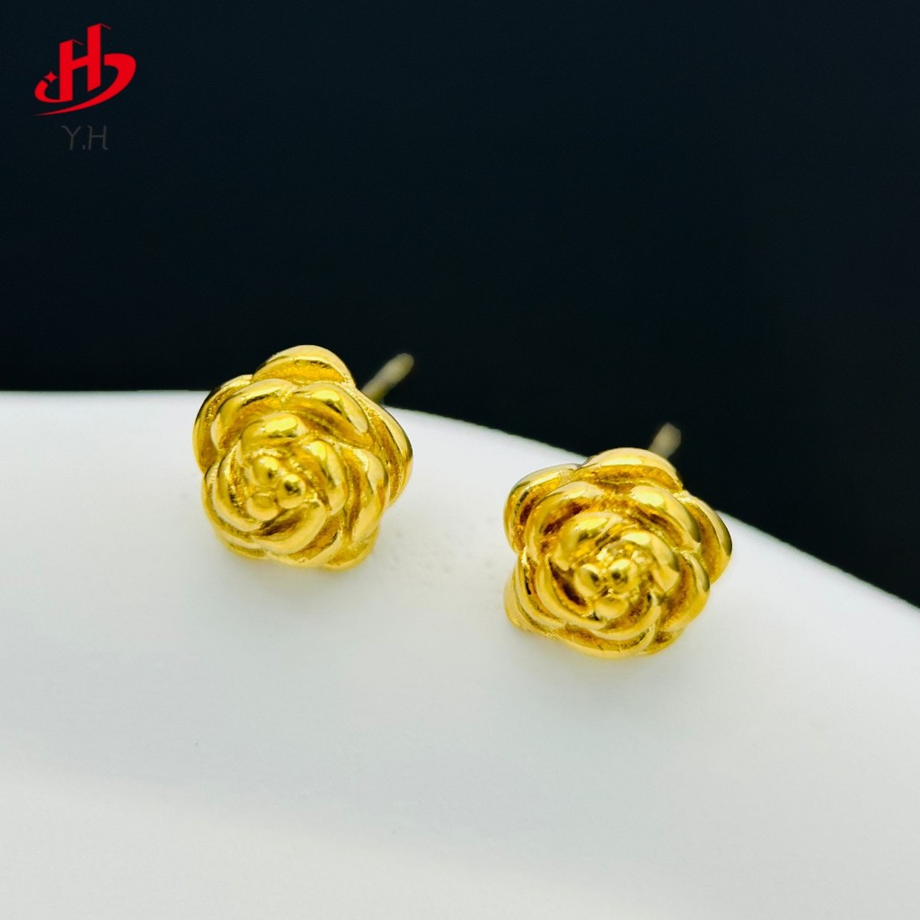 Y.H เกาหลี ดอกไม้ สีทอง 18 K ต่างหูสแตนเลส ตะปูหู