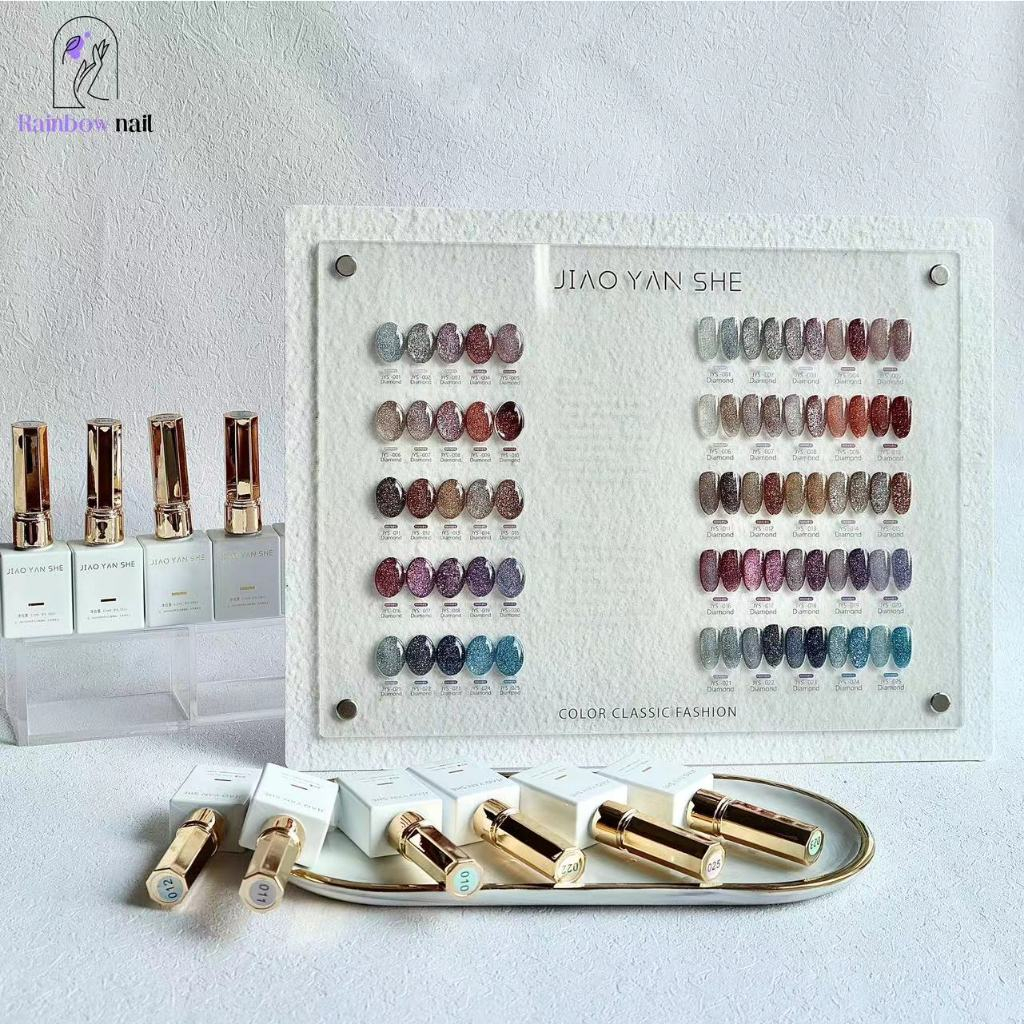 JYS 25 สี ชุดยาทาเล็บเจล Diamond 2.0 เจลแวววาว (มีผลต่างกันในแสง ที่ต่างกัน) แผนภูมิแสดงสีฟรี