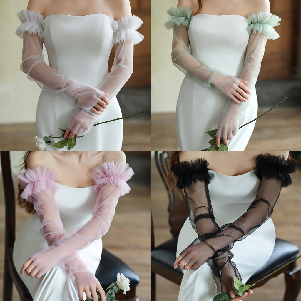 เจ้าสาวแขนยาวโปร่งใสจีบอุปกรณ์ชุดแต่งงานของผู้หญิงในหลายสี