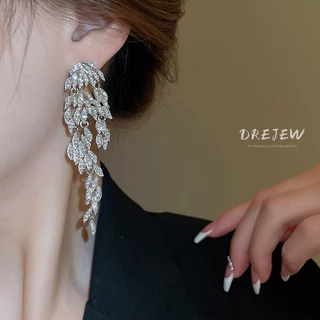 DREJEW เดรช เข็มเงินยาวเพชรขนนกพู่ต่างหูข้ามพรมแดนออกแบบใหม่ต่างหูแสงหรูหราต่างหูใบไม้ระดับไฮเอนด์