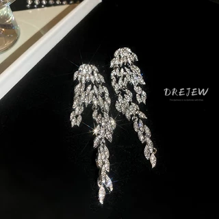 DREJEW เดรช เข็มเงินยาวเพชรขนนกพู่ต่างหูข้ามพรมแดนออกแบบใหม่ต่างหูแสงหรูหราต่างหูใบไม้ระดับไฮเอนด์