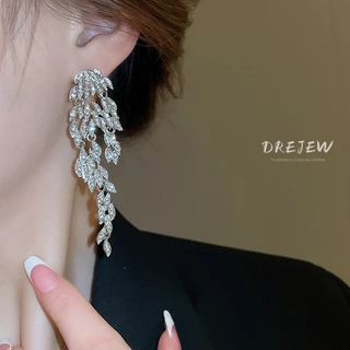 DREJEW เดรช เข็มเงินยาวเพชรขนนกพู่ต่างหูข้ามพรมแดนออกแบบใหม่ต่างหูแสงหรูหราต่างหูใบไม้ระดับไฮเอนด์
