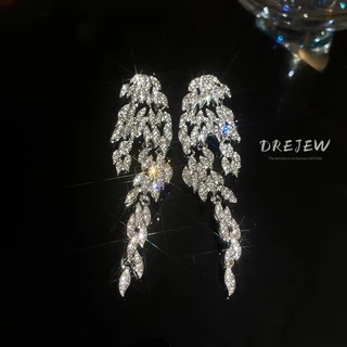 DREJEW เดรช เข็มเงินยาวเพชรขนนกพู่ต่างหูข้ามพรมแดนออกแบบใหม่ต่างหูแสงหรูหราต่างหูใบไม้ระดับไฮเอนด์