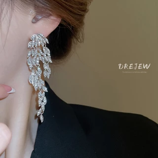 DREJEW เดรช เข็มเงินยาวเพชรขนนกพู่ต่างหูข้ามพรมแดนออกแบบใหม่ต่างหูแสงหรูหราต่างหูใบไม้ระดับไฮเอนด์