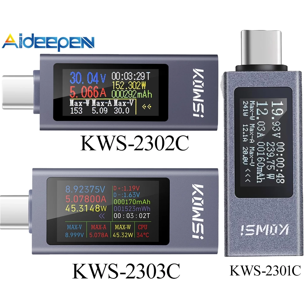 Aideepen KWS-2301C/KWS-2303C/KWS-2302C Multi-function จอแสดงผลดิจิตอลแรงดันไฟฟ้าแอมป์มิเตอร์ Power Meter Type-c โทรศัพท์มือถือชาร์จเครื่องทดสอบ DC 4-30V 0-12A