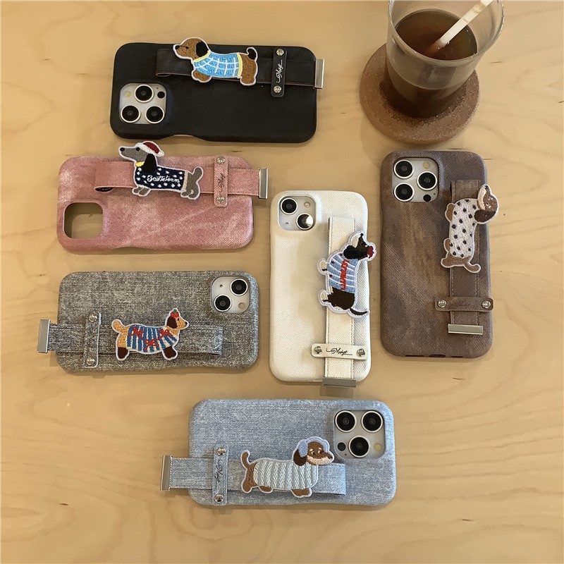 Iphone 16 15 Pro max 14 Pro max ลายสายรัดข้อมือลูกสุนัขปักวัสดุ PU รองรับเคสโทรศัพท์(2)
