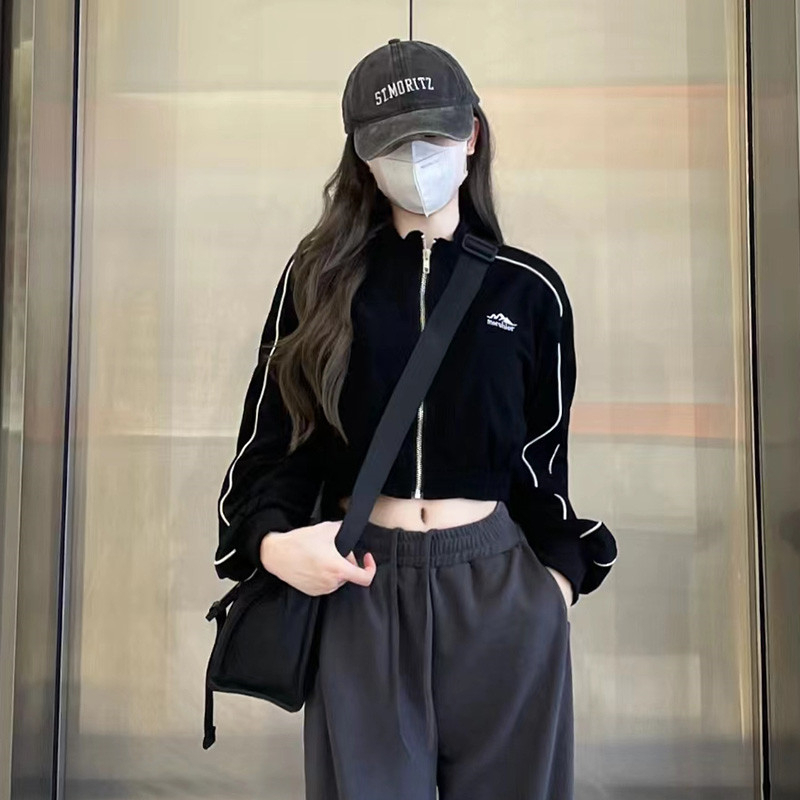 NZN เสื้อสเวตเตอร์อเมริกัน เสื้อครอปย้อนยุคแขนยาวผู้หญิงพร้อมเสื้อมีซิปพร้อมเสื้อมีซิป