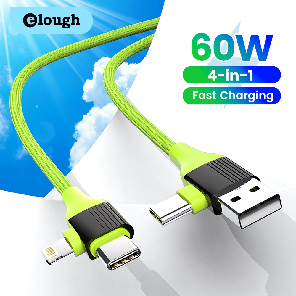 Elough 5IN1 อลูมิเนียมถัก 4 in 1 PD60W โทรศัพท์มือถืออเนกประสงค์ USB/Type C ถึง Type C/Micro USB/lOS สายชาร์จ 1M
