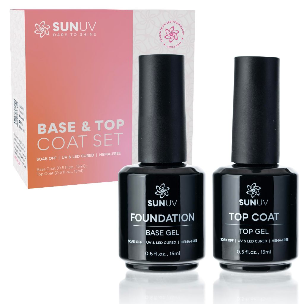 SUNUV ชุดเคลือบเงาและรองพื้น, เจลทาเล็บ 2 ขวด ขนาด 15 มล. สำหรับออกแบบเล็บและทำเล็บด้วยเครื่องอบเล็บ UV เงางามไม่ต้องเช็ด