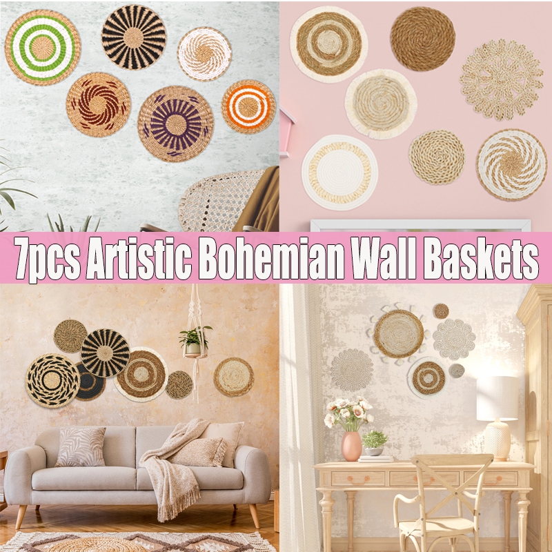 7 ชิ้นรอบ Bohemian ทอตะกร้าผนังตกแต่ง Handmade ทอ Wall Decor สําหรับ Home