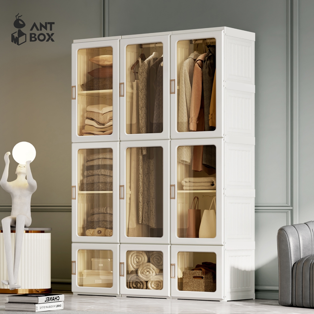 ANTBOX ตู้เสื้อผ้า 15 ช่อง 1-3 แขวน ติดตั้งง่าย ประตูใสโปร่งแสงมองเห็นด้านในได้ สไตล์โมเดิร์น เหมาะกับการแต่งห้องทุกสไตล์
