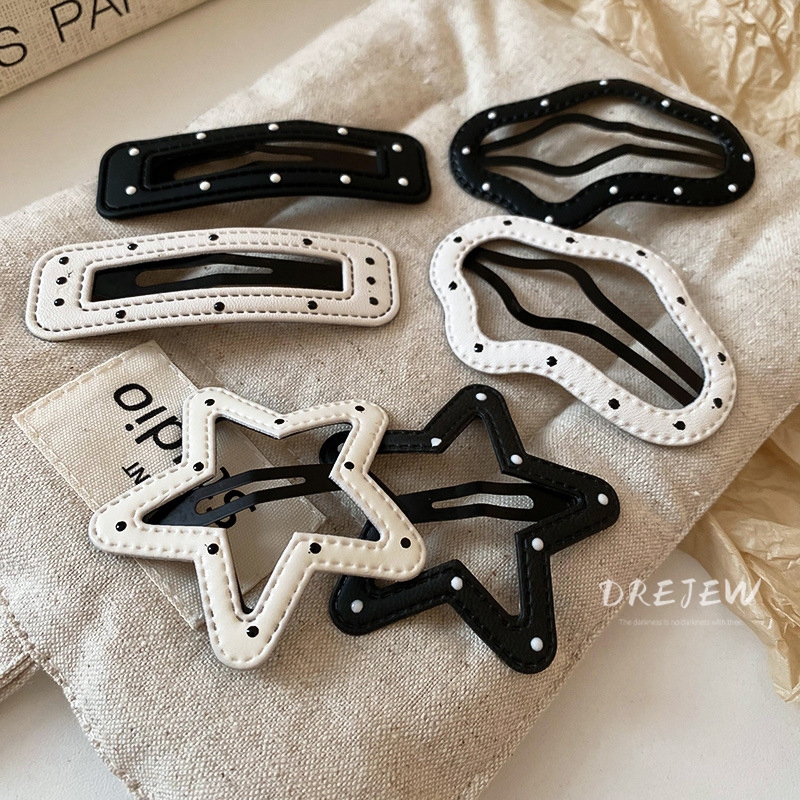 DREJEW เดรช สีดําและสีขาวลายจุดดาวกิ๊บสําหรับหน้าผากผมหักเรียบคลิปน่ารักพร็อพBBคลิปหวานเย็นสาวร้อนอินเทรนด์อุปกรณ์ผมส