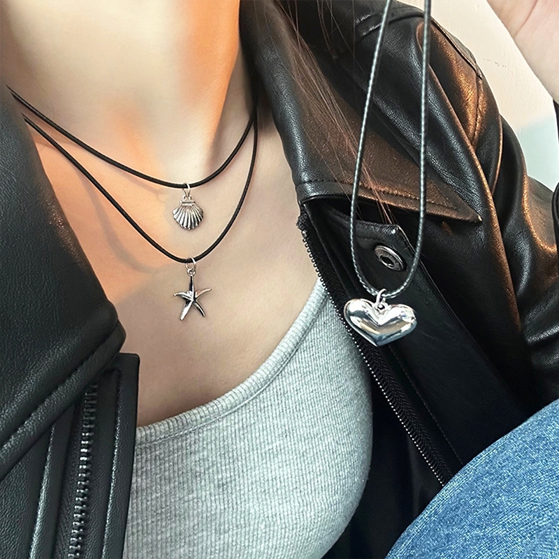 💌💌สร้อยคอ จี้หัวใจ รูปดาวห้าแฉก ย้อนยุค สไตล์เกาหลี ผู้ชายและผู้หญิง PUหนัง ปรับขนาดได้ เครื่องประดับแฟชั่น-aidderse.th