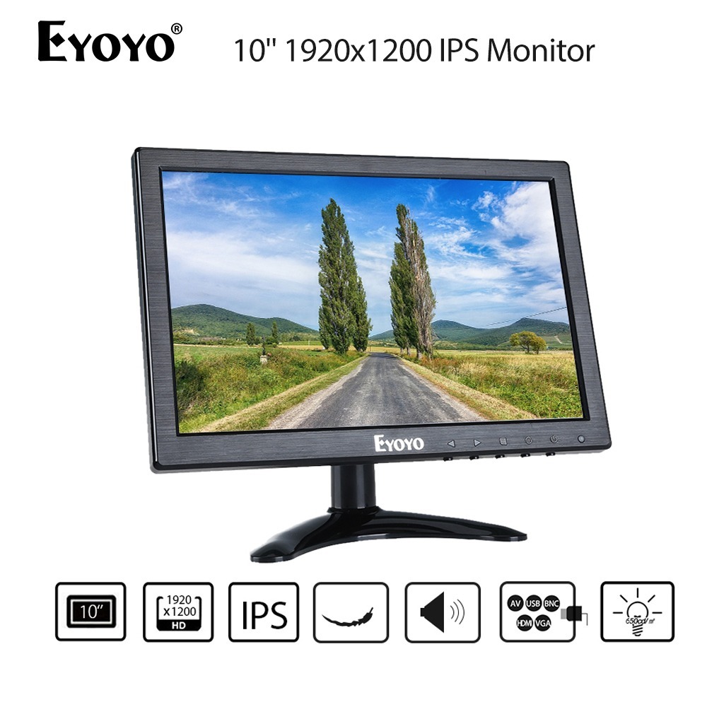 Eyoyo 10 นิ้ว LCD HDMI Monitor 1920x1200 16:10 จอแสดงผล IPS พร้อม BNC VGA AV เอาต์พุตสําหรับกล้องวงจรปิด DVD PC แล็ปท็อป DVR ลําโพงในตัว