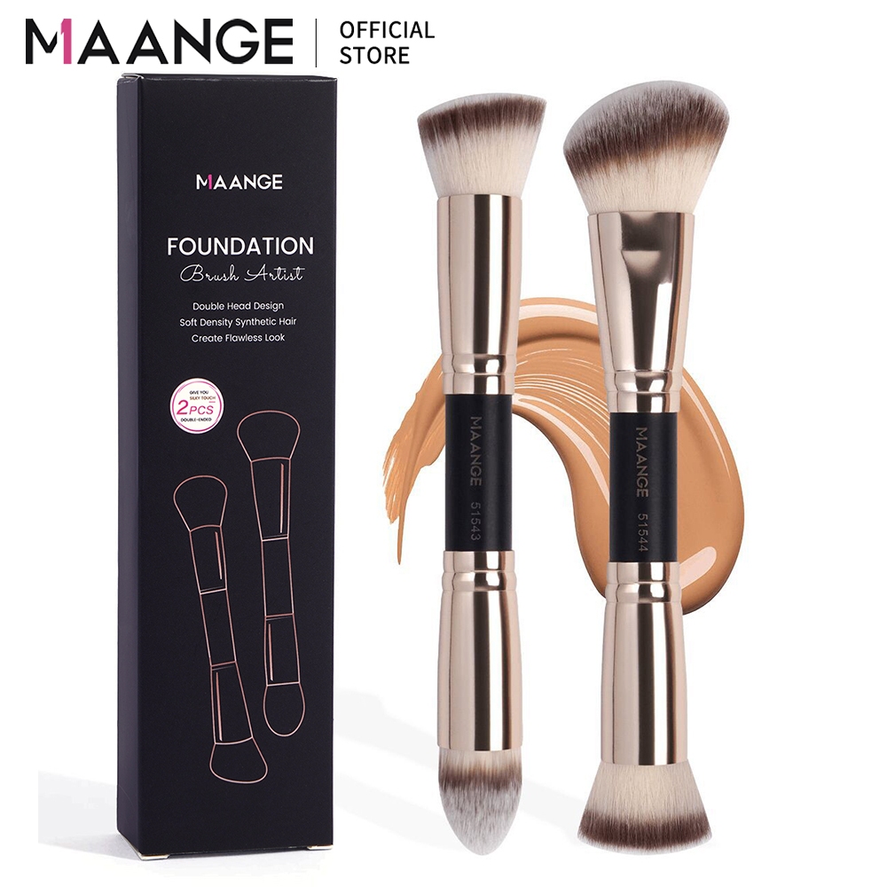 MAANGE 2ชิ้น คู่ศีรษะ ชุดแปรงแต่งหน้าแปรงรองพื้นแปรงปัดแก้มแปรงใบหน้าแปรงแป้งฝุ่นเครื่องมือแต่งหน้า